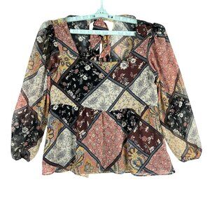 American Eagle Women Multicolor Patchwork Floral Tie Back Blouse Chiffon Size M